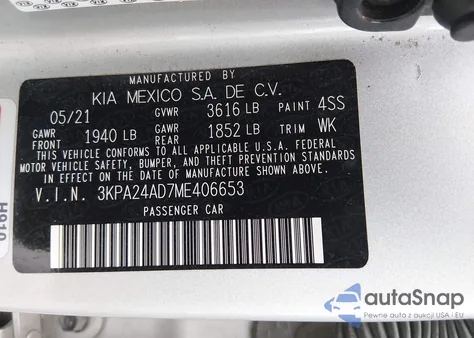 2021 Kia Rio Lx z USA, uszkodzony, nr VIN 3KPA24AD7ME406653